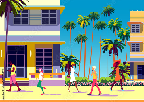 Street scene with people, traditional houses, palms and flowers. Handmade drawing vector illustration. Retro style poster.