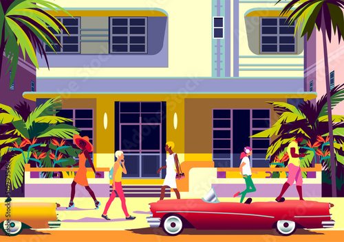 Street scene with people, traditional houses, retro cars, palms and flowers. Handmade drawing vector illustration. Retro style poster.