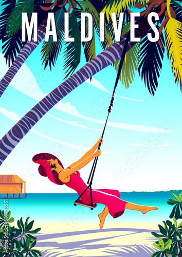 Woman on a swing on vacation on a tropical beach. Maldives Islands vintage poster. Handmade drawing vector illustration.