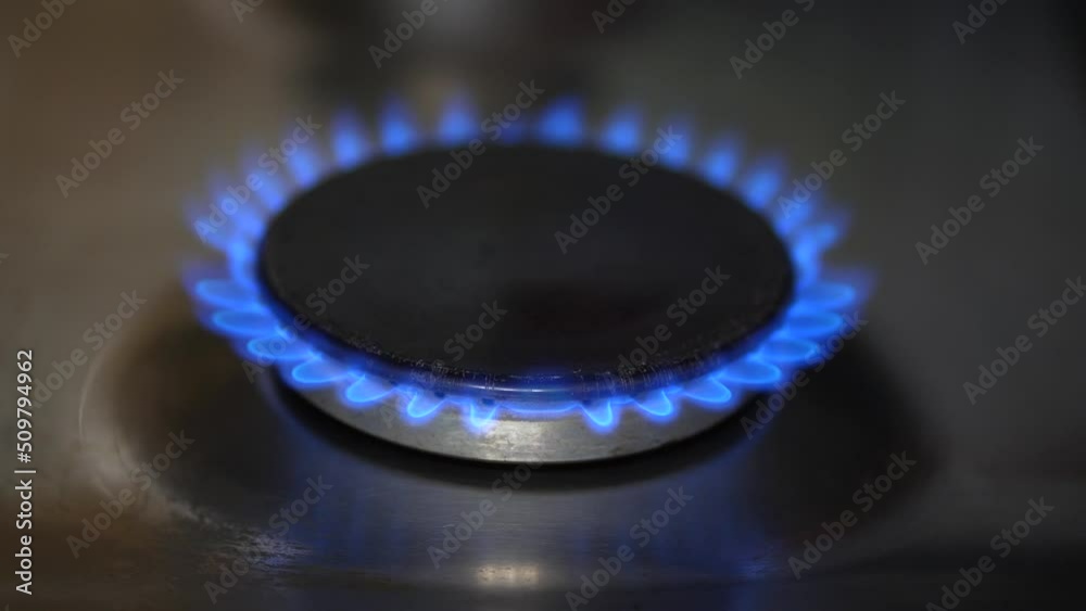 Burning gas, gas stove burner, hob in the kitchen. The concept of problems with natural gas, rising gas prices, and wastage. Burning gas, gas stove burner, hob in the kitchen. The concept of problems with natural gas, rising gas prices, and wastage.