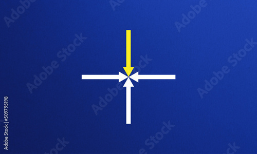 four arrows moving to center on blue background, target or goal concepts 