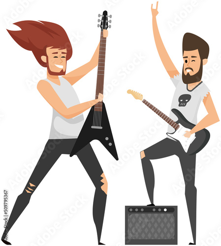 Rock musician playing on electrical guitar cartoon character standing on stage near music speaker with subwoofer. Brutal bearded man musician with rocker instrument greets audience at concert