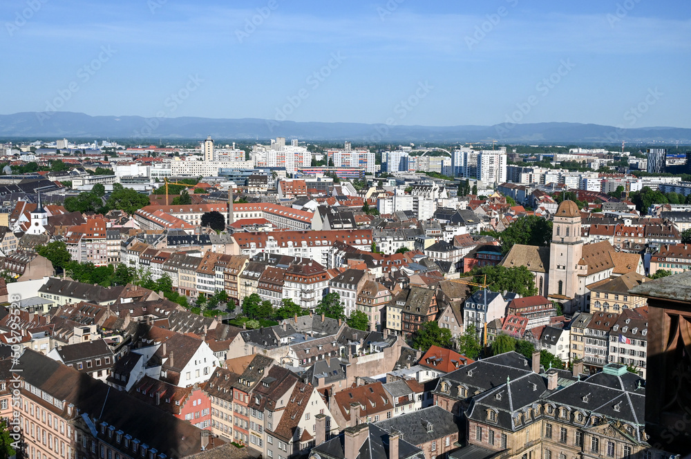 Strasbourg, France: Panoramic view of the city center. Buildings in town.