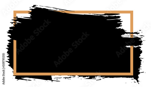 Grunge black shape in elegant golden frame. Ink stain