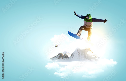 Snowboarder and Alps landscape . Mixed media