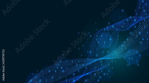 Neon background frame. Glow digital wave design. Information security. Texture of connection of lines, dots, zeros, ones. Binary system. Banner technology, business, logo, social networks. Vector.
