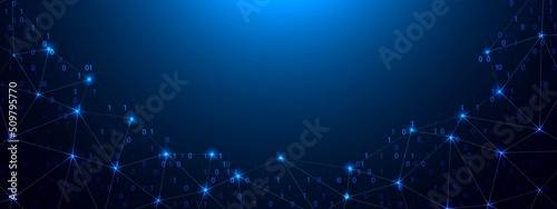 Neon technology background frame. Design chaotic communication network. Pattern connecting lines, dots, glow stars, zeros, ones. Binary system. Poster presentations, business, logo, social networks.