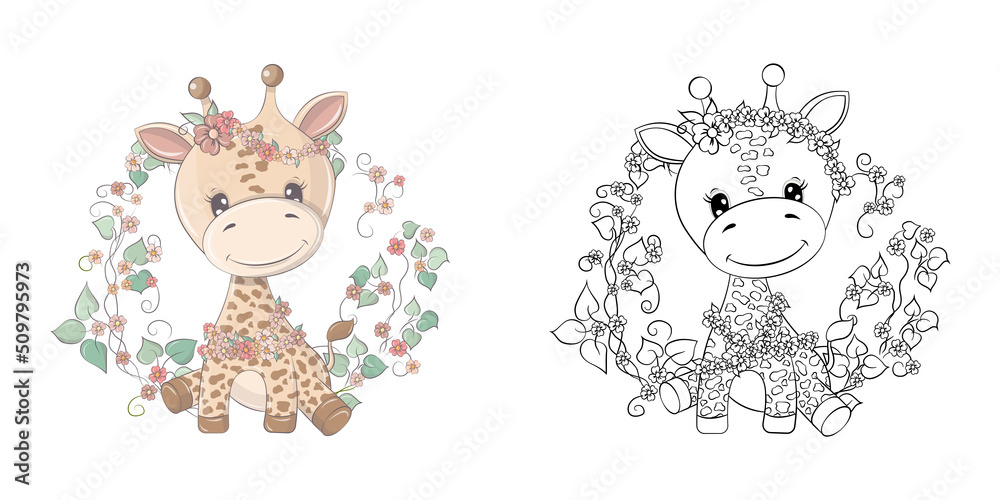 Clipart Giraffe Multicolored and Black and White. Cute Clip Art Giraffe Surrounded by Flowers. Illustration of an Animal for Stickers, Baby Shower, Coloring Pages, Prints for Clothes.