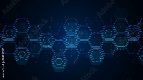 Neon technology background. Design chaotic communication network. Pattern connecting lines, dot, glow stars, zeros, ones, hexagon. Binary system. Poster presentations, business, logo, social networks.