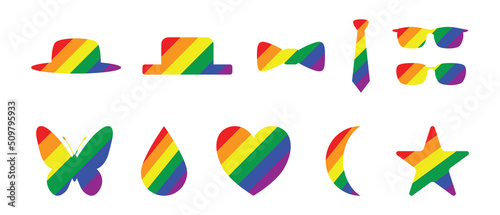 Rainbow colored lgbt icon set of hat, bowtie, tie, sunglasses, butterfly, water drop, heart, crescent moon, and star. 