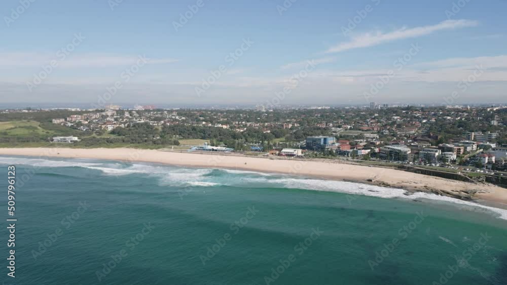 Aerial establishing shot of Maroubra Beach in Sydney, New South Wales, Australia. Reverse backward flying drone shot. Aerial establishing shot of Maroubra Beach in Sydney, New South Wales, Australia. Reverse backward flying drone shot.