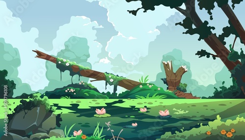 Swamp cartoon landscape. Forest background with marsh and lake, cartoon fantasy pond with moss and reed plants. Vector game illustration photo