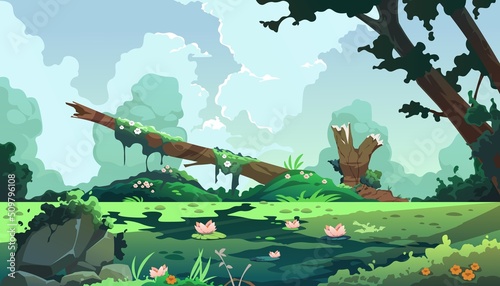 Swamp cartoon landscape. Forest background with marsh and lake, cartoon fantasy pond with moss and reed plants. Vector game illustration