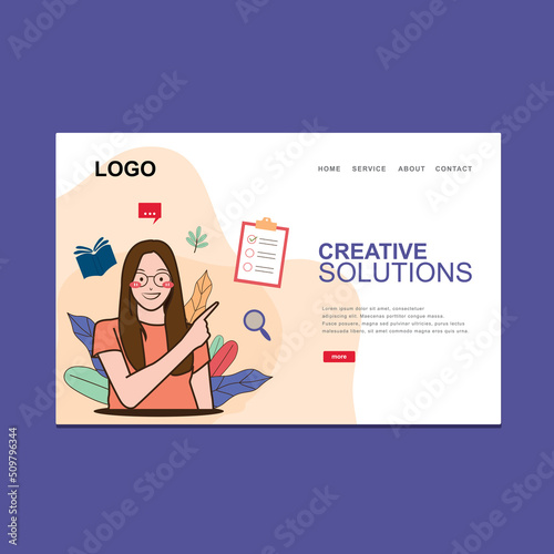 flat design creative solutions web homepage with smiling woman and finger up free vector