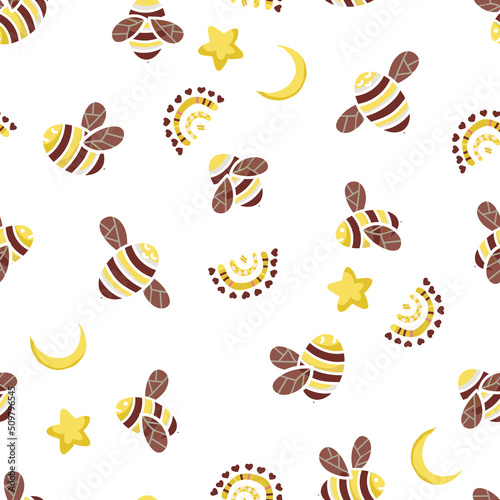 Yellow and Brown Honey Bees, Stars and Moon Vector Seamless Pattern