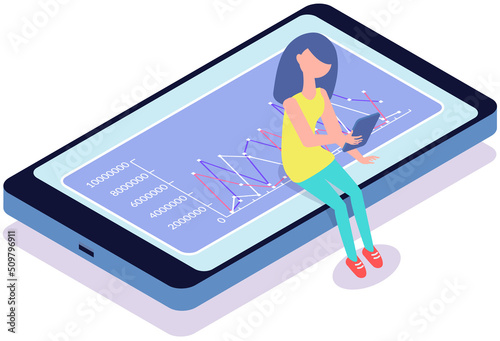 Analytics and development statistics. Web analysis measure, product testing technology. Woman analyses digital report. Statistical indicators and data on diagram. Graphic information visualization