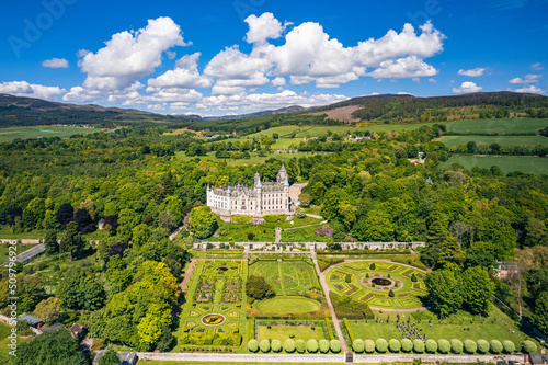 Dunrobin Castle and Gardens from a drone, NC500, Scotland photo