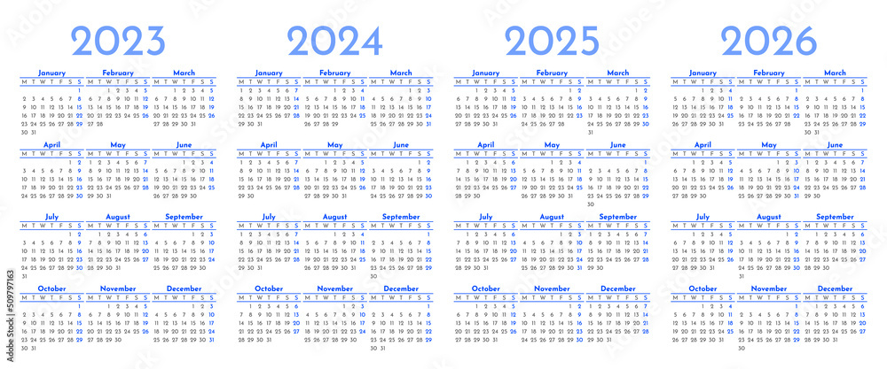Set of monthly calendar templates for 2023, 2024, 2025, 2026 years