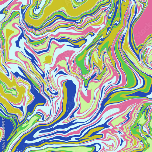 Fluid art texture. Abstract background with swirling paint effect. Liquid acrylic picture that flows and splashes. Mixed paints for interior poster. Pink, yellow, green and purple iridescent colors.