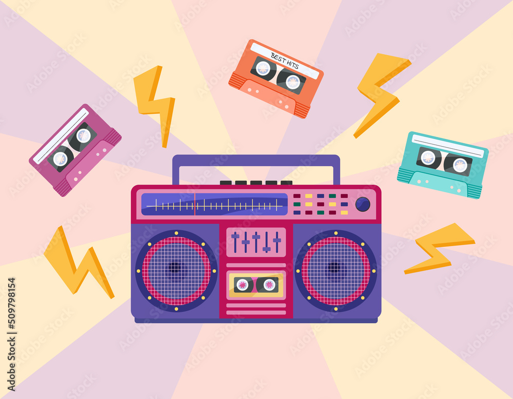 1990s music. Vibrant boombox and tapes isolated. retro device from 80s 90s. Flat illustration of colorful boombox and cassettes de Stock | Adobe Stock