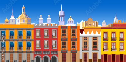 Cityscape with old catholic cathedrals, old houses and churches in the background. Handmade drawing vector illustration. photo