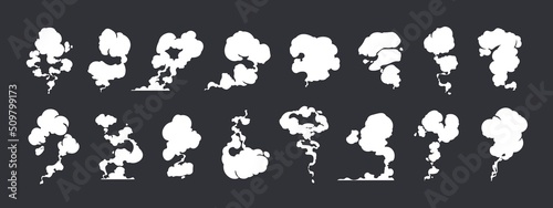 Comic dust effect. Cartoon smoke and steam trails sprite animation, cloud fume and puff motion game asset. Vector coffee vapor and explosion silhouette collection