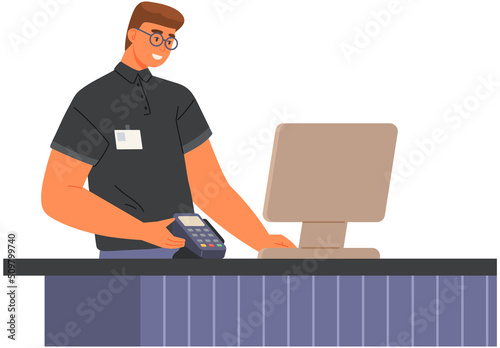 Nfc contactless payment, seller with pos reader vector illustration. Mobile purchases in supermarket, cashier vender at shop. Store employee stands at checkout with pos terminal. Man works in sales