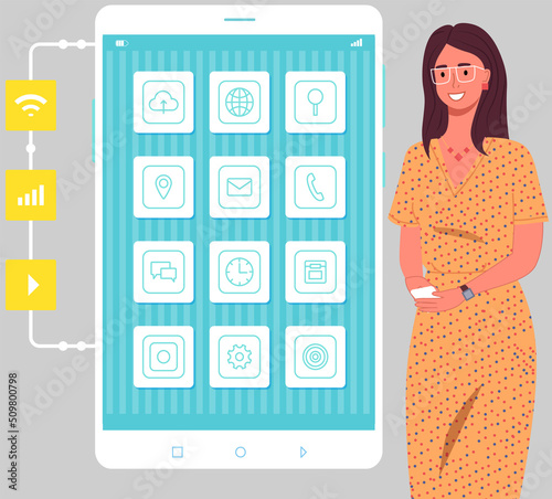 Work with creation of applications. Woman stands next to phone witth app icons layout on screen. Software development for electonic device. Female character analyses mockup of smartphone interface