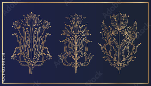 Art nouveau style flower plant basic element. 1920-1930 years vintage design. Symbol motif design.