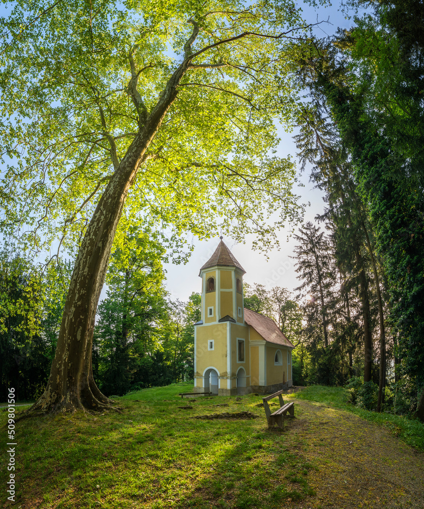 Castle Mokrice on a spring evening with dramatic clouds and forest. A fortress in the woods.
