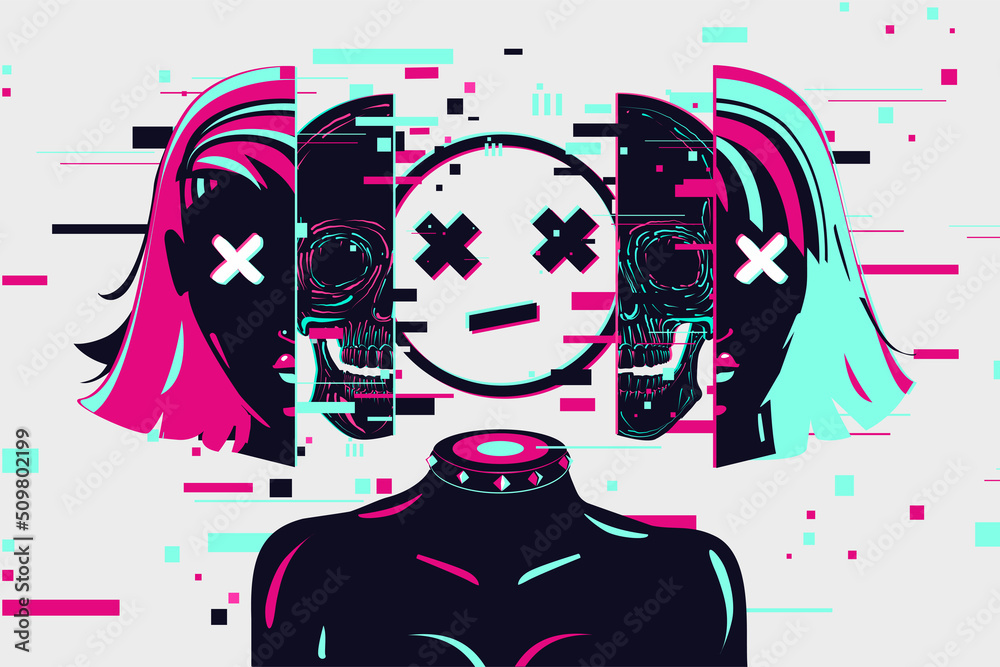 Obraz premium Cybepunk girl. Woman gamer. Cartoon vector illustration. Glitch style. Game over concept.