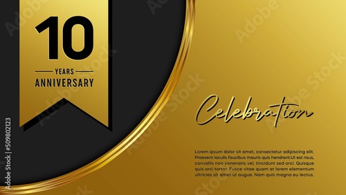 10th anniversary logo with golden ribbon for booklets, leaflets, magazines, brochure posters, banners, web, invitations or greeting cards. Vector illustration.
