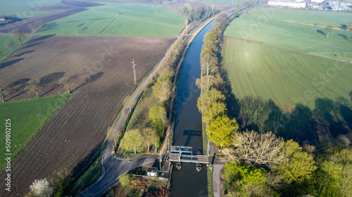 canal Dessel Schoten aerial photo in Rijkevorsel, kempen, Belgium, showing the waterway in the natural green agricultural landscape. High quality photo. High quality photo photo