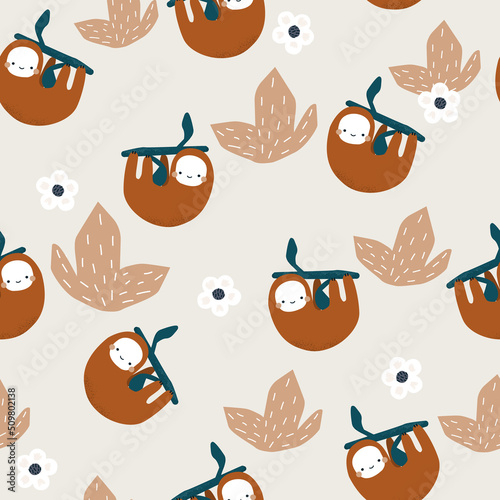 Seamless pattern with cute little sloth bear. Jungle kids print. Vector hand drawn illustration.