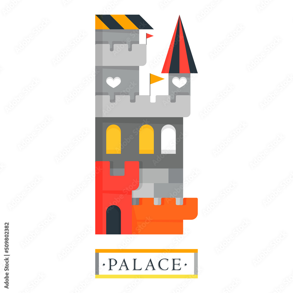 Fantasy medieval palace with towers and flags. Heart dragon fortress