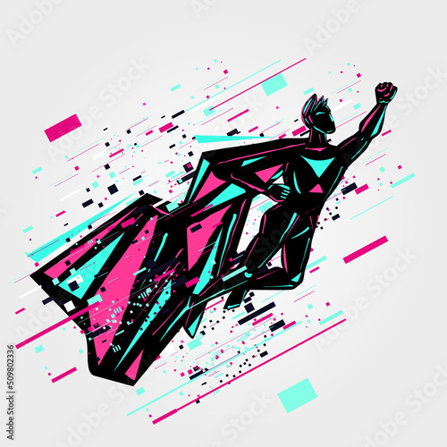 Super hero glitch man. Cartoon vector character. Flying cyber player.