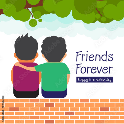 happy friendship day concept, two friends sitting on wall