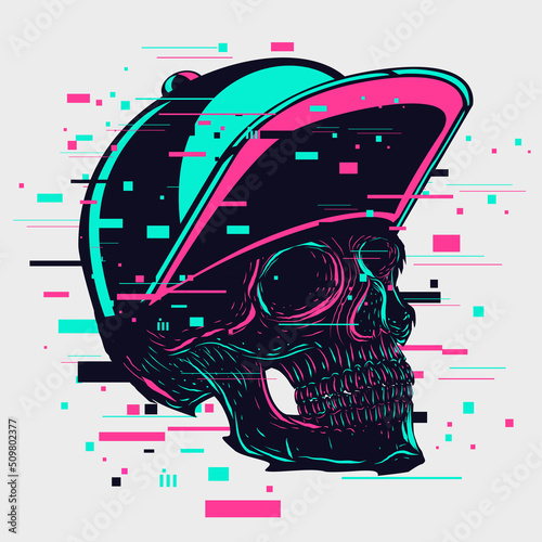 Rap head. Glitch style vector illustration. Hip-Hop music emblem. Virtual avatar print.