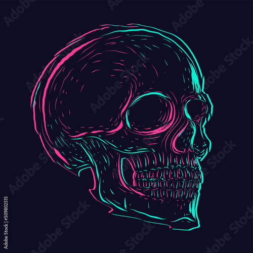 Vector skull. Glitch style vector illustration. Neon color digital graphic. Virtual reality avatar.