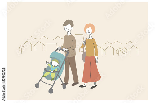ベビーカーを押して歩く家族のイラスト