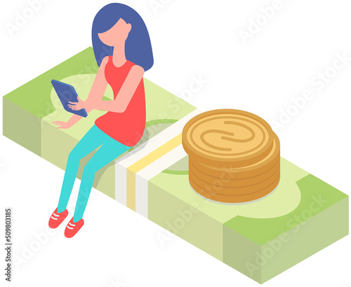 Young woman uses tablet or smartphone for chatting and surfing Internet, to make money, payment online. Girl sitting on pile of dollar bills with phone in hands. Social networks, user profile in media