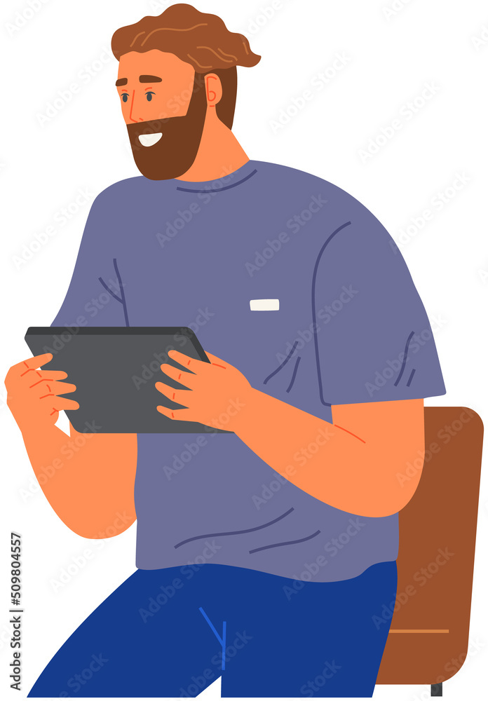 Smiling man sitting on chair holds tablet in his hands. Casual male character chilling and browsing social media on electronic device. Guy uses gadget for chatting, surfing internet, watching video