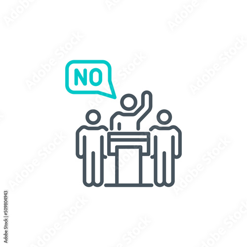 Politicians speaker protests from rostrum with raised hand single line icon isolated on white. Perfect outline symbol leader speak from tribune. design element speaker orator on podium editable Stroke