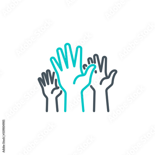 group of human hands raised up vote single line icon isolated on white. Perfect outline symbol voting by show palm. volunteers community unanimously raised up hands design element with editable Stroke