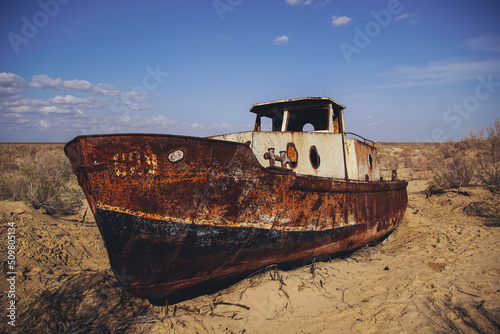 Cemetery of old ships on the former bank of Aral sea, Muynak, Uzbekistan