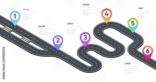 Isometric pathway infographic. Road map with checkpoints and milestones timeline graphic template, business option step process. Vector illustration