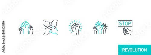 raised up fist in protest no war single line icons set isolated on white. Perfect outline symbol raised up fist revolution riot. freedom power design with editable Stroke. People rights line icons set