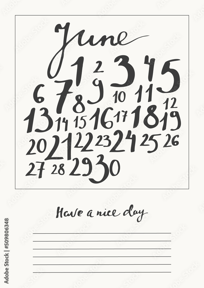 June Formato Vetor de June calendar with calligraphy month name, uneven numbers. do ...