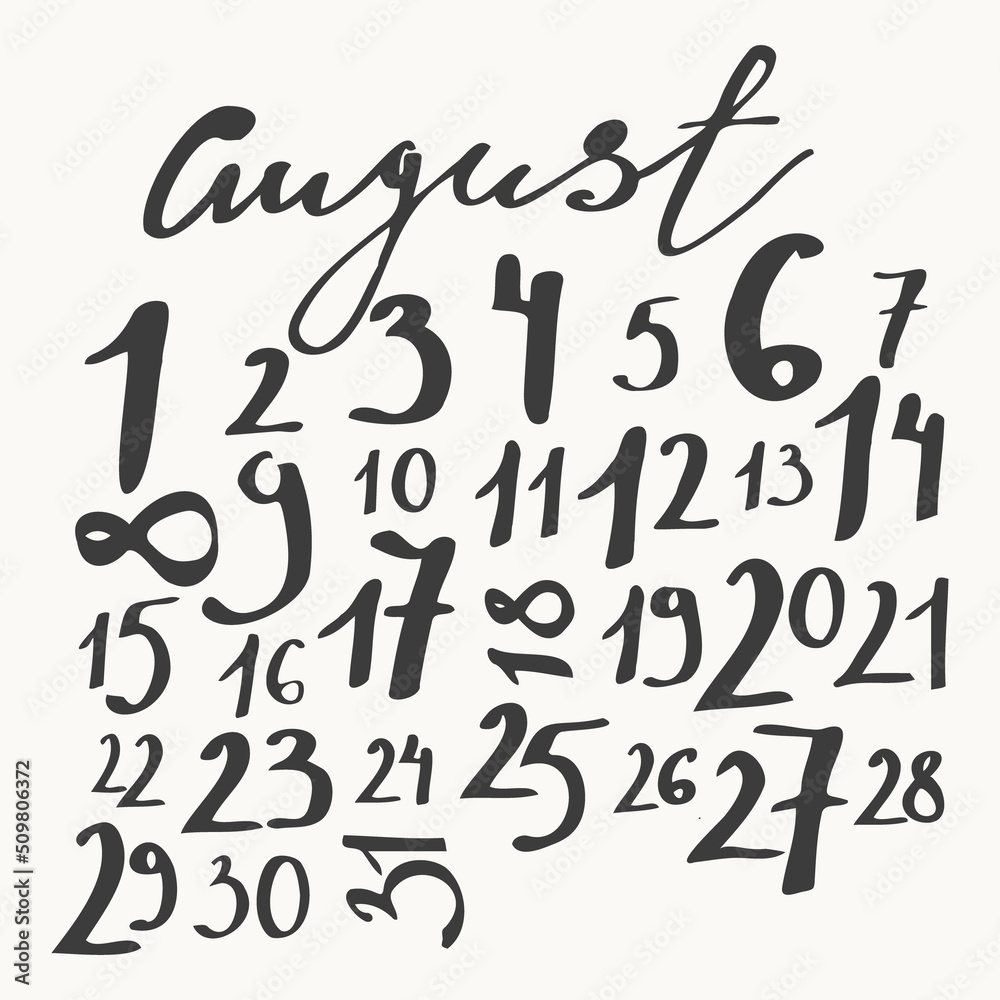 August calendar with calligraphy month name, uneven numbers