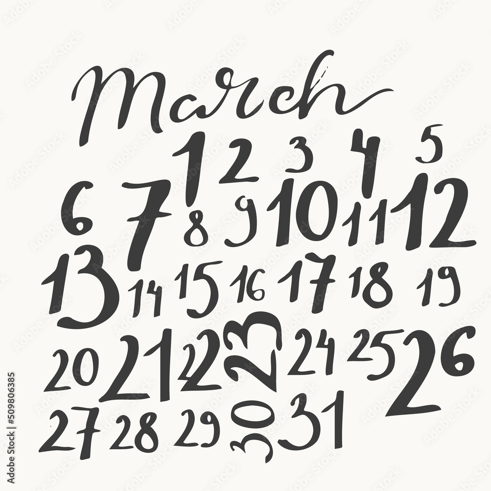 March calendar with calligraphy month name, uneven numbers.